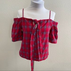 Paper Crane Red Plaid off the shoulder blouse